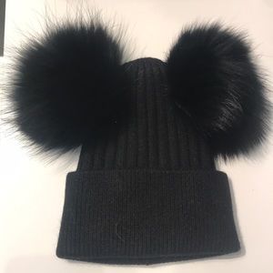 Black Beanie with 2 real raccoon pom pom